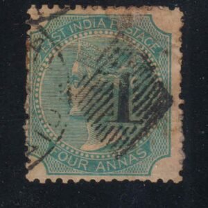 Early India Cancellations JC Type 4m small square with 10 parallel lines Bombay cancellation on East India Four anna Stamp
