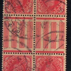 King George VI 1937 One Anna Carmine Used Tete-Beche Gutter Block of 4 Stamps